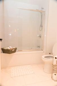 a bathroom with a shower and a toilet at Bienvenue chez vous! in Pointe-Calumet