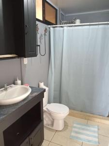 uma casa de banho com um lavatório, um WC e um chuveiro em SanTab's Home em Colonia
