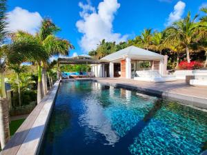an infinity pool in front of a house with palm trees at Villa Coco Rock in Saint Barthelemy