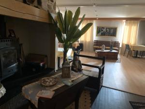 a living room with a table with a plant on it at Les chambres de Fred in Gorses