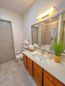 a bathroom with a sink and a toilet and a mirror at Downtown Houston Gem: Parking Pool WiFi Sleeps 4 in Houston