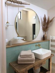 un bagno con lavandino e specchio di La parenthèse a Aubérives-sur-Varèze