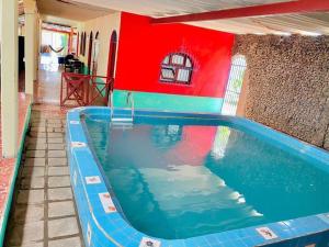a swimming pool in a house with a red wall at Rainbow House in León