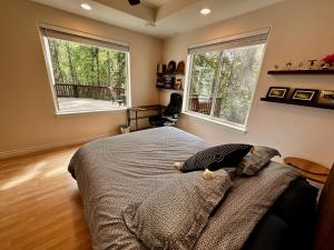 a bedroom with a large bed with two windows at Guest Suite with Hot Tub - Edge of the Wild in Eagle River