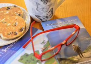 a pair of glasses sitting next to a plate of cookies at Carnedd Llywelyn in Llanrwst