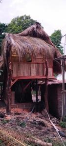 una cabaña con techo de paja y un hombre parado afuera en Hostal Inculta, en Santo Domingo