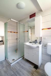 bagno con doccia, lavandino e servizi igienici di Apartmaji Pr' Kopavank a Rateče