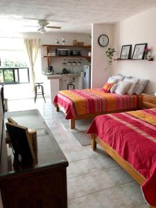a living room with two beds and a kitchen at Apartaestudio #9 Aire acondicionado & cochera in Laborcillas