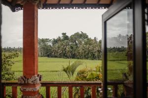 a view of a field from a house window at Mandala Desa in Sukawati