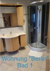 a bathroom with a shower and a sink and a shower at FaWiGa Monteurwohnung Karben in Karben