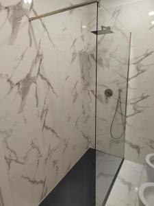 ボローニャにあるAmendola Apartmentの白い大理石の壁のバスルーム(シャワー付)