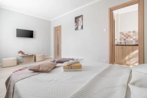 een witte slaapkamer met een bed met 2 kussens erop bij Venezia Studio Apartment in Oradea