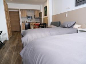 马德里Alianza Suites的一间有两张床和厨房的酒店房间