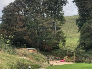 una pequeña cabaña en medio de un campo en No 1 Hut Lane, a cosy Hut, heating, hot water and a magnificent view for 2, en Dorchester