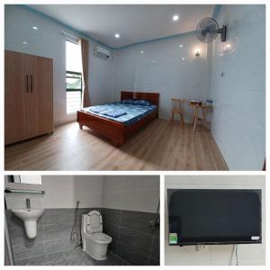 2 fotos de un dormitorio con cama y TV en Nhà nghỉ Trúc Mây, en Ben Tre