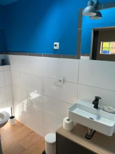 a bathroom with a sink and a mirror at Ruhiges Ferienhaus mit schönem Garten in Rerik