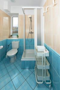 a blue bathroom with a toilet and a shower at Aqua Hotel in Děčín