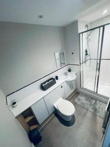 een badkamer met een toilet, een wastafel en een douche bij Gatwick Airport Apartment in Crawley