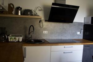 a kitchen with a sink and a microwave at Doppelhaushälfte für Monteure und Gruppen Hof Theensen in Bad Münder am Deister +2 photos