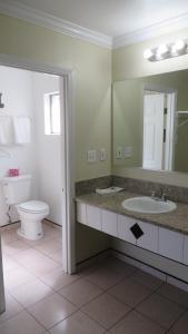 a bathroom with a sink and a toilet and a mirror at Castaway Motel in Orange