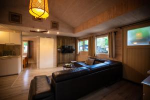 Chalet de bosuil في زوتيندال: غرفة معيشة مع أريكة جلدية وتلفزيون