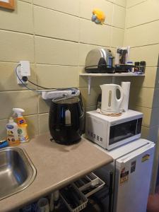 a kitchen counter with a microwave and a sink at Di's B&B in Matamata