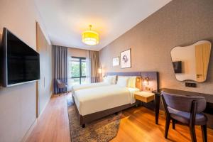 Pokój hotelowy z łóżkiem, biurkiem i telewizorem w obiekcie Avrupa Residence Suites w Stambule