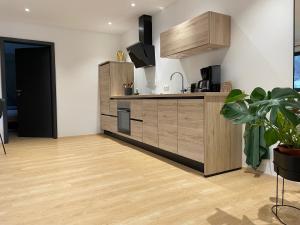 a kitchen with wooden cabinets and a potted plant at Bartmann Ferienwohnungen in Ramsau