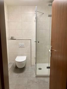 a bathroom with a toilet and a glass shower at Bartmann Ferienwohnungen in Ramsau +3 photos