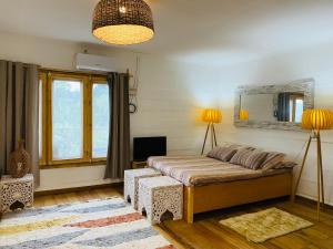 ein Schlafzimmer mit einem Bett, zwei Lampen und einem Spiegel in der Unterkunft Valdivia Homes -Príncipe in Santo António