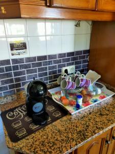 Apartamento Shenzhen en Astorga Camino de Santiago Cochera bicis في أستورغا: منضدة مطبخ مع وعاء القهوة على قمة العداد