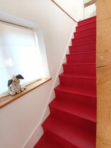 eine rote Treppe mit Teppichboden und einem ausgestopften Hund im Fenster in der Unterkunft Prestwick House - Sleeps 10+ - Main House & 3 Separate Oak Framed Barn Studios - Rural in Chiddingfold