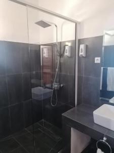 a bathroom with a glass shower with a sink at Doany Beach in Antafondro