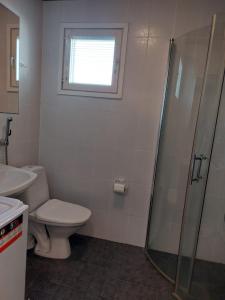 ein Bad mit einem WC und einer Glasdusche in der Unterkunft Merimaisema 6 in Kalajoki