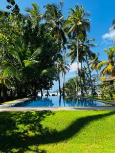 a swimming pool with palm trees and grass at Esperanza Beach Mawella in Tangalle