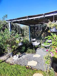 einen Garten mit einer Pergola und ein paar Blumen in der Unterkunft Au Ch'ti Suisse 