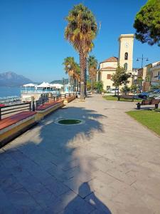 una calle con palmeras y una torre del reloj en VILLA a MARE, en Villammare
