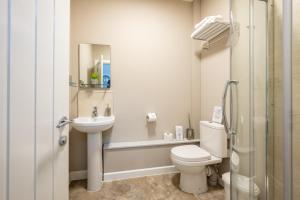 a bathroom with a toilet and a sink and a shower at Willow Lodge Apartment in Solihull