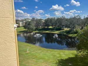 uitzicht op een vijver met een fontein in een tuin bij Luxury Apartment near Disney and other Theme parks in Kissimmee