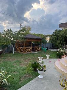 a gazebo in a yard with some plants at Guest house Kabardinskaya 121 in Gagra