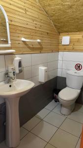 a bathroom with a toilet and a sink at BioFarm Gramsh 