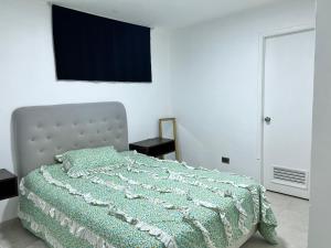 una camera con letto e piumone verde di Bel appartement sur l'île de Margarita, avec vue sur la mer a Pampatar