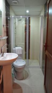 a bathroom with a toilet and a shower and a sink at Meriç butik otel 