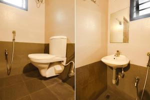 Duas fotografias de uma casa de banho com WC e lavatório. em FabHotel Joy's Residency em Coimbatore