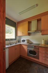 a kitchen with wooden cabinets and a sink and a stove at Hauzify I Apartament Bella Molina in Alp