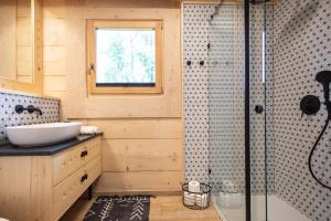 a bathroom with a shower with a sink and a toilet at Villa Royal Zakopane in Kościelisko