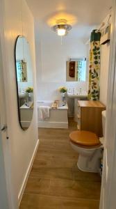 a bathroom with a toilet and a sink and a mirror at Castle Kennels in Aberfeldy