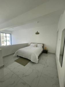 a white bedroom with a bed and a window at Agreable Duplex tout confort. in Santo Domingo