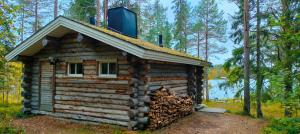 a log cabin with a pile of fire wood at Taigaschool Eco Hotel in Virrankylä