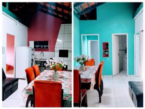 une cuisine et une salle à manger avec une table et des chaises dans l'établissement Apto com piscina 3 quartos 500m do mar praia Ubatuba, à São Francisco do Sul